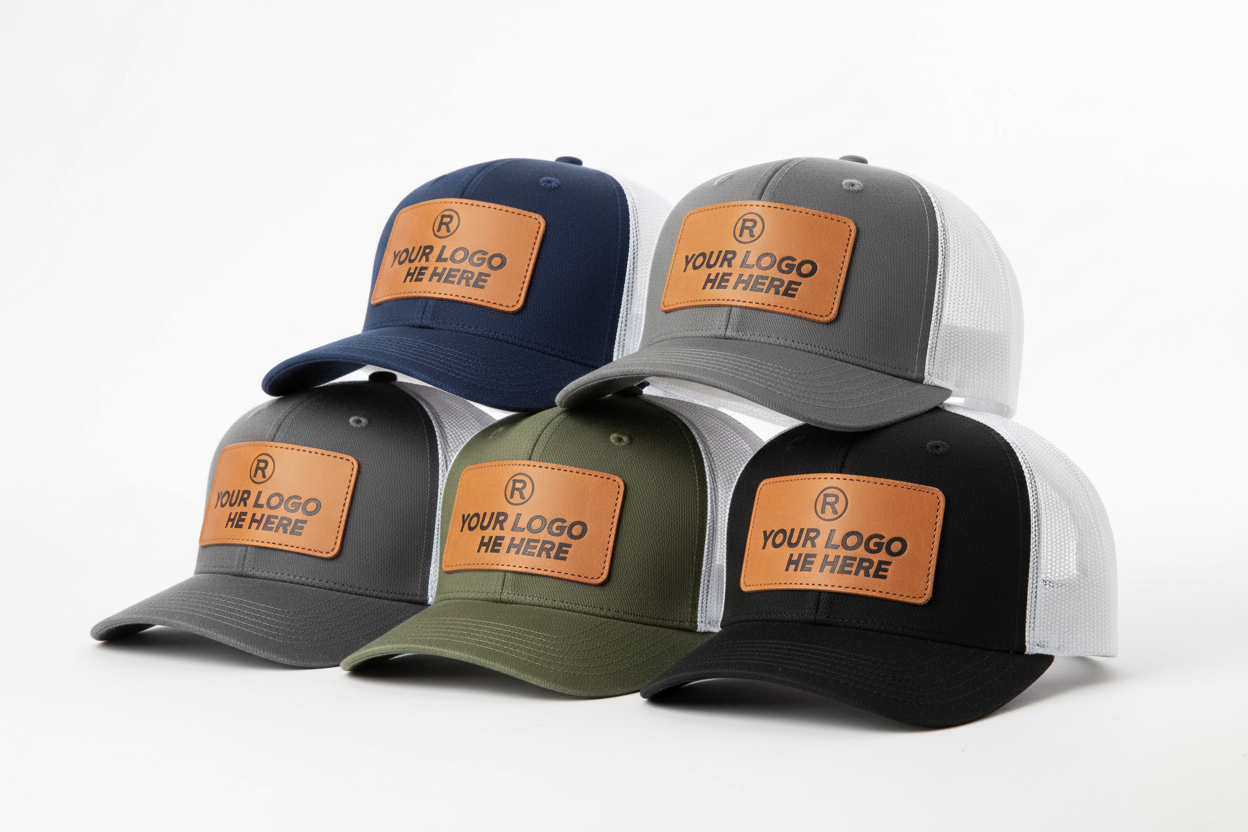 Use Richardson 112 hat and hat them stacked with a your logo here on a leather patch